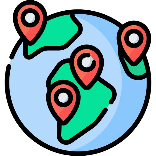 Globe icon with location pins representing global reach for social media management.