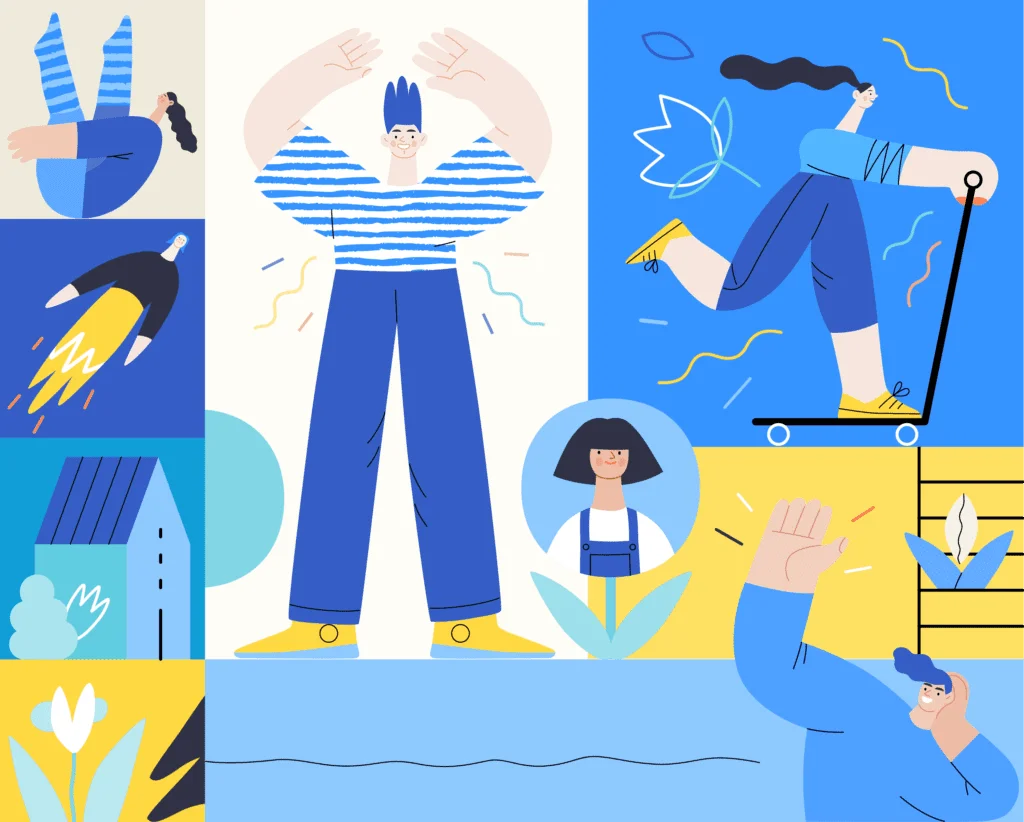 Colorful illustration representing social media management with various characters performing creative actions such as skateboarding, waving, and launching a rocket, symbolizing engagement, growth, and activity.